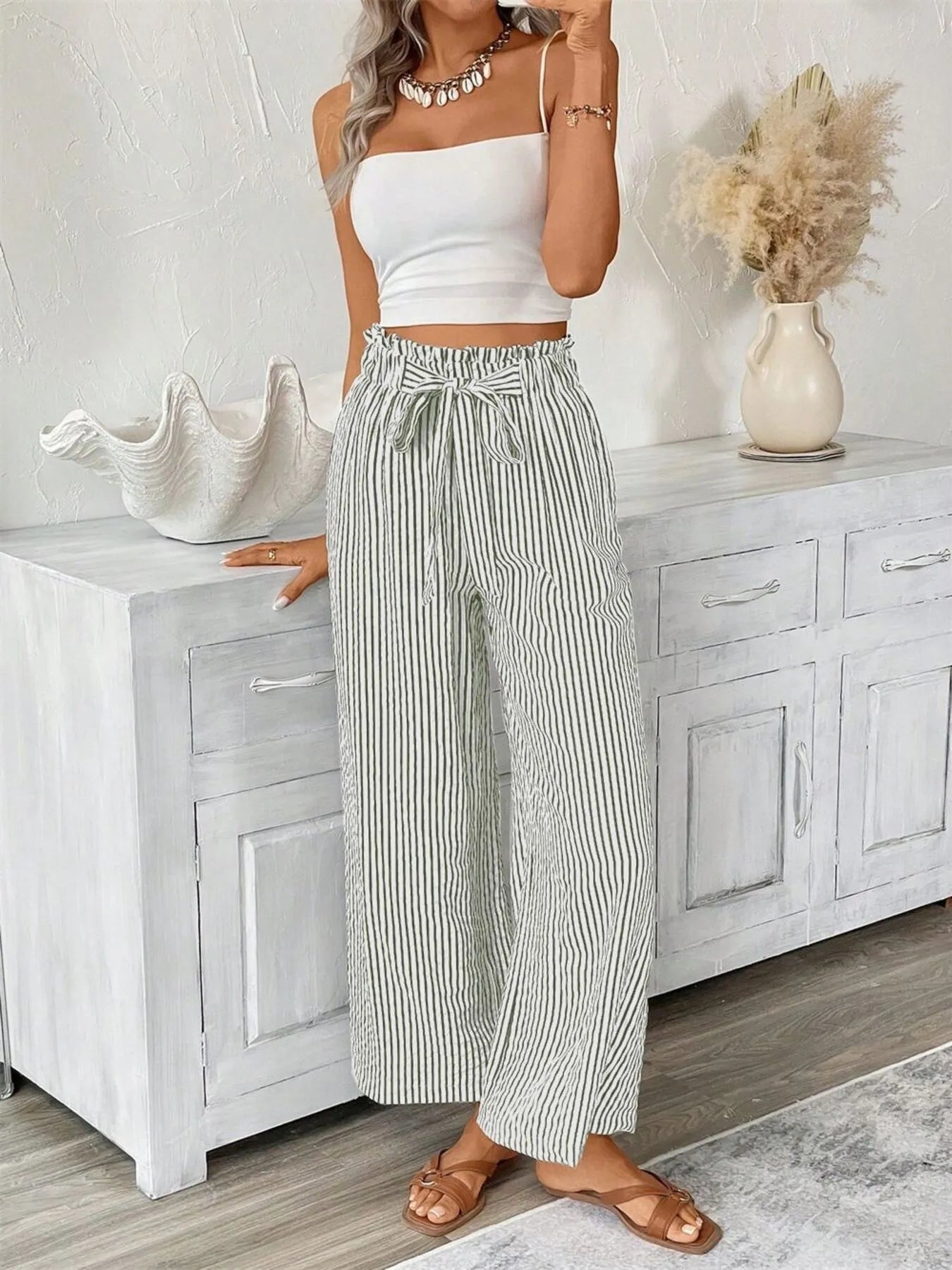 Signature Striped Paper Bag Pants (Full Size)