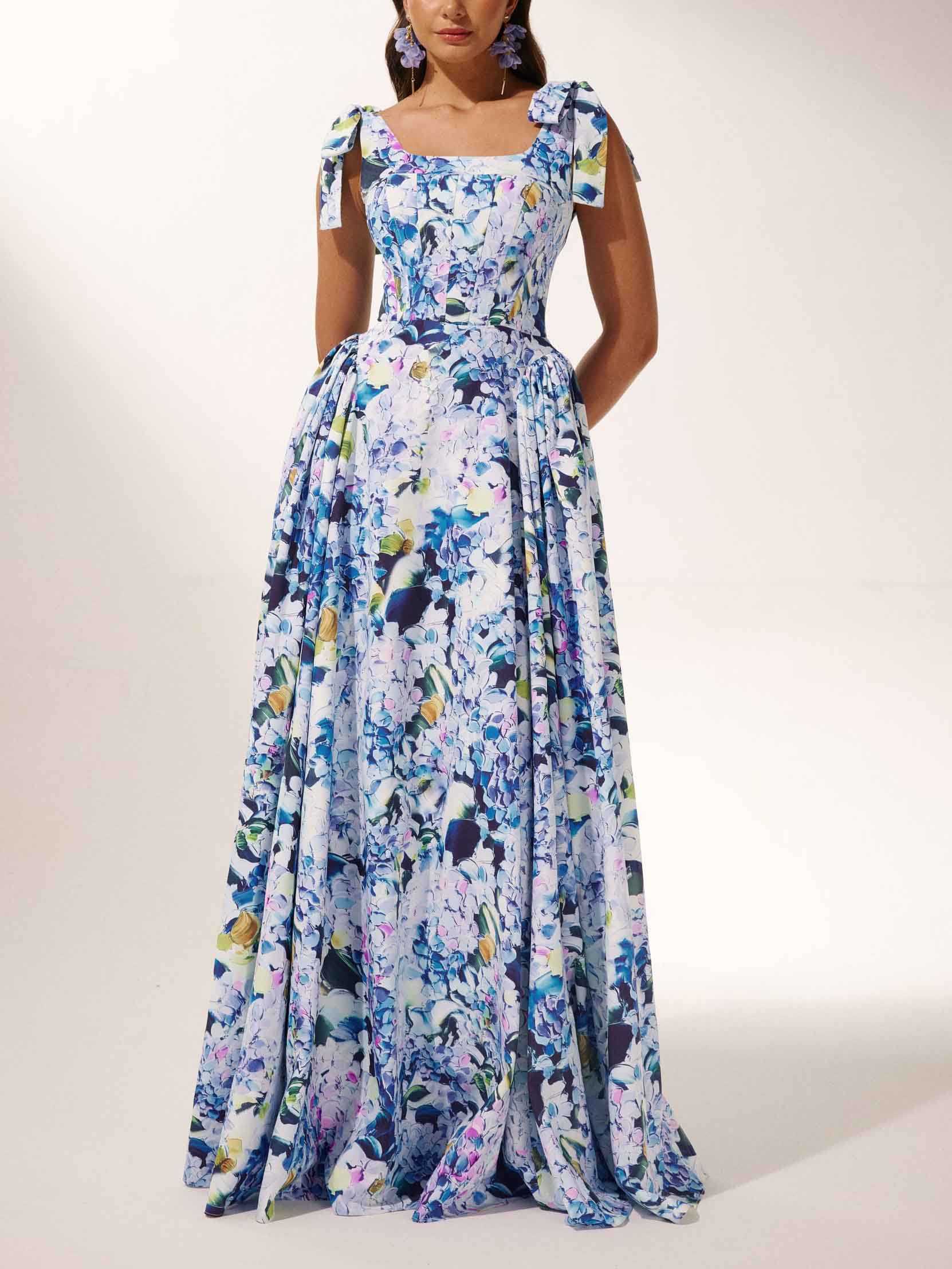 Bow Strap Hydrangea Print Maxi Dress Blue