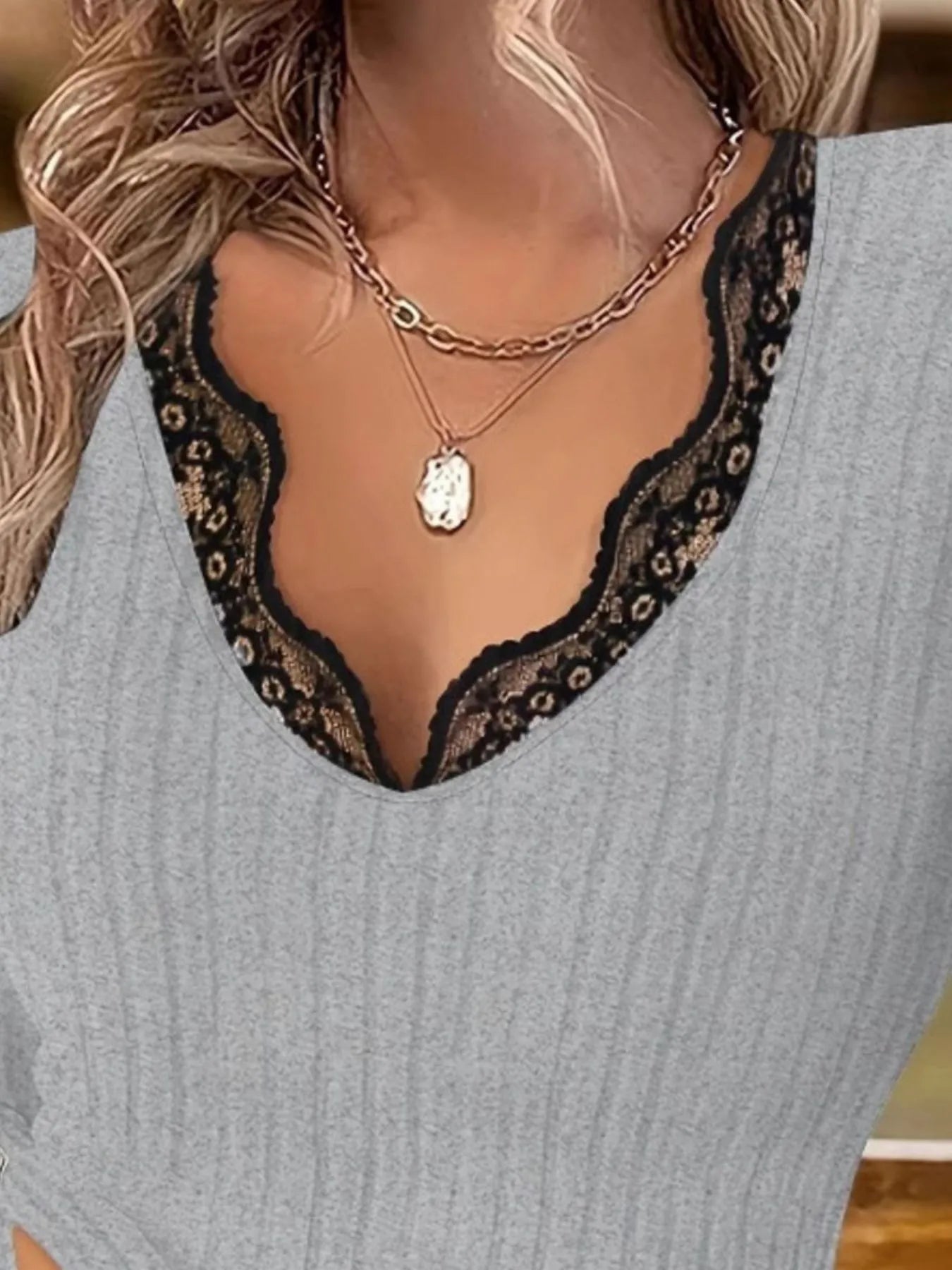 Full Size Ribbed V-Neck Lace Trim Long Sleeve T-Shirt Plus Size