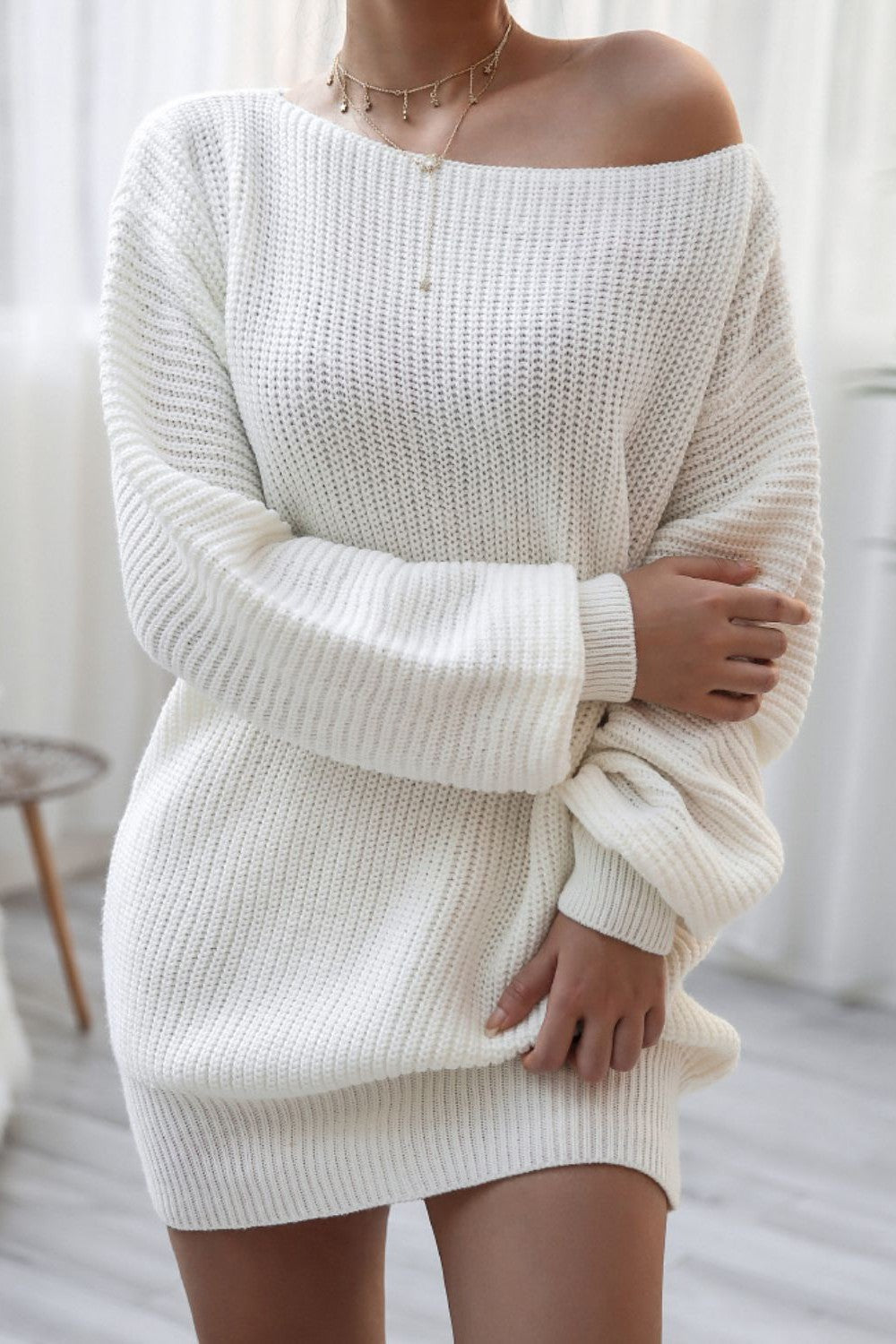 Rib-Knit Balloon Sleeve Boat Neck Sweater Dress White