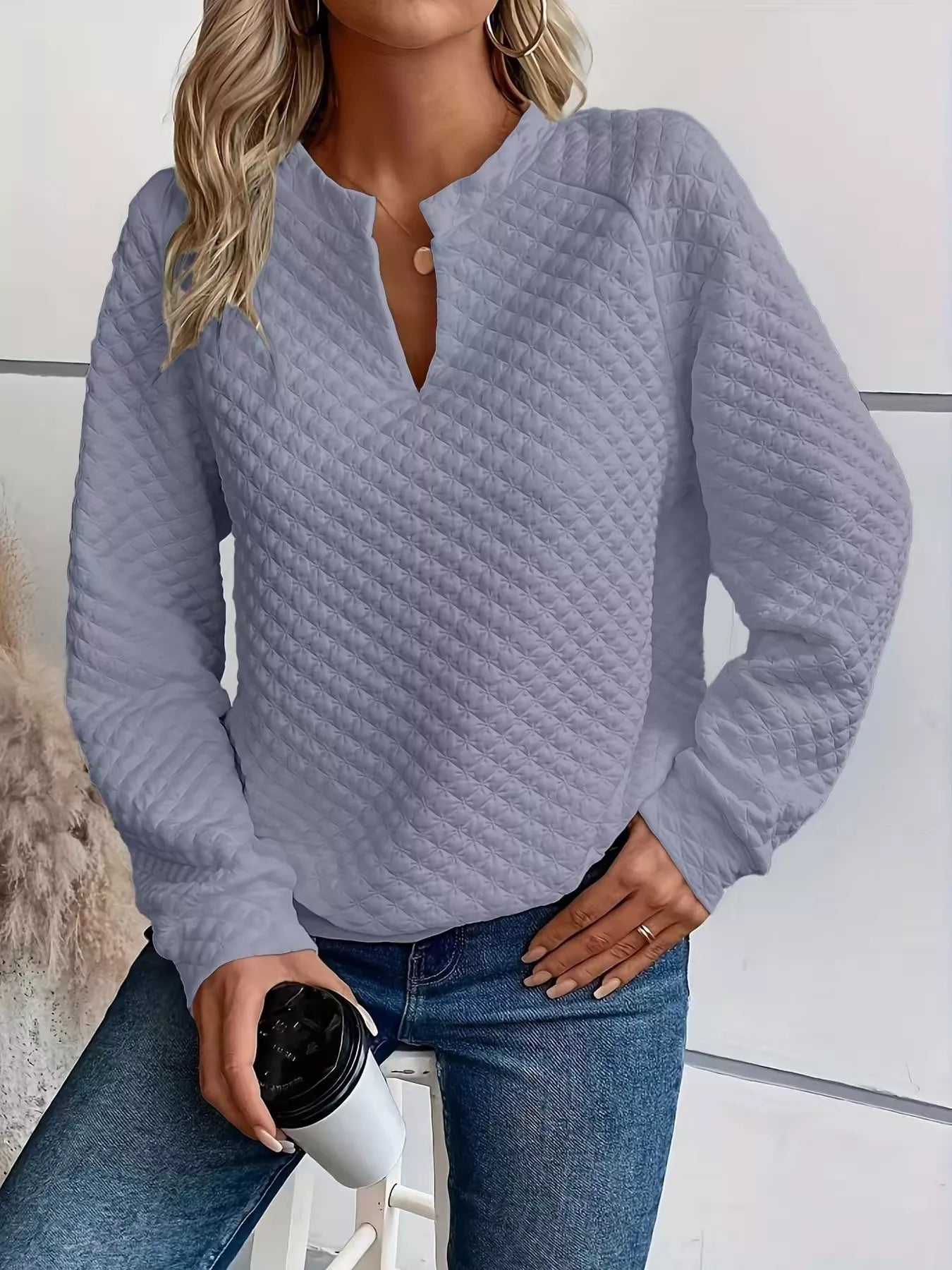 Textured Notched Raglan Sleeve Sweatshirt