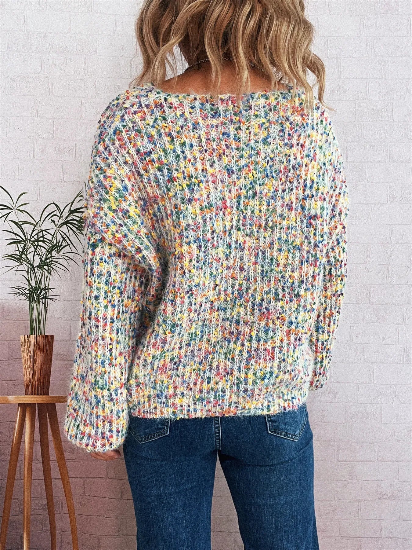 Women’s Colorful Long Sleeve Sweater – Vibrant Knit Pullover for Fall & Winter