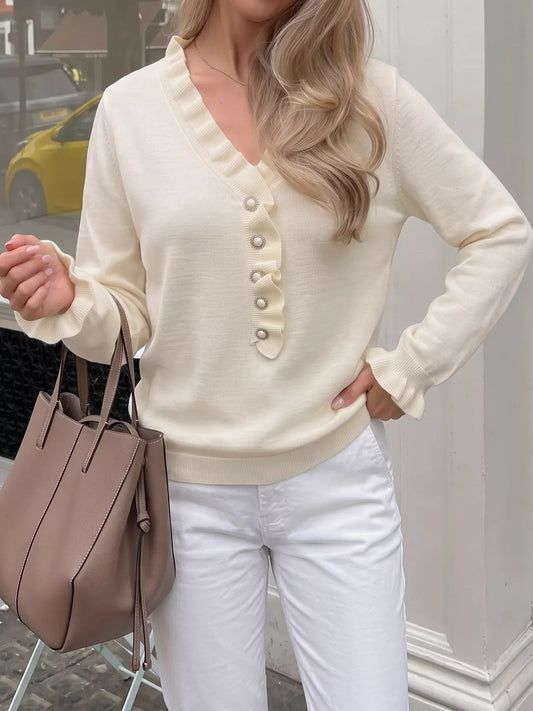 Ruffle Trim Pearl Button V-Neck Knit Top