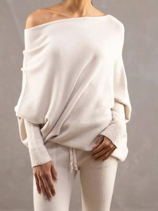 Boat Neck Long Sleeve Sweater Apricot One Size