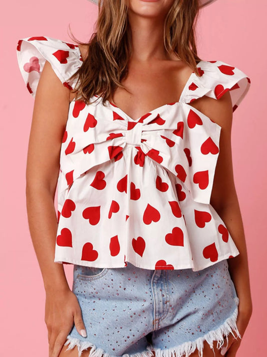 Ruffled Heart Print Bow Front Cami