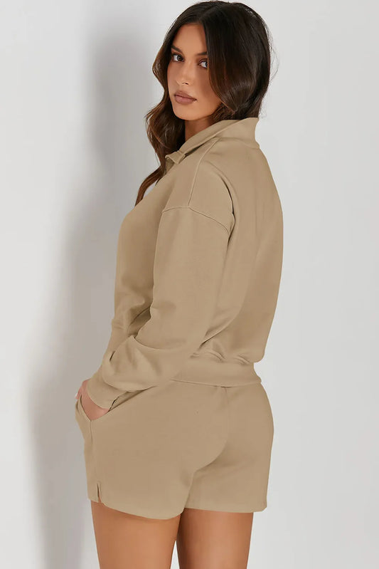 Sweatshirt and Shorts Set – Half Button, Sporty Fit