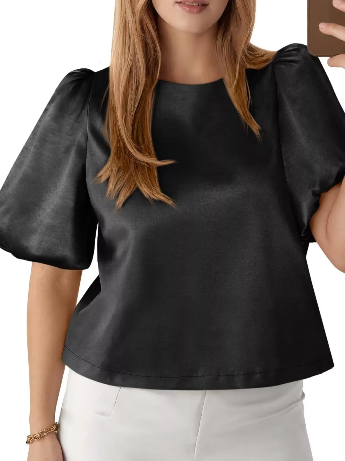 Round Neck Puff Sleeve Satin Top