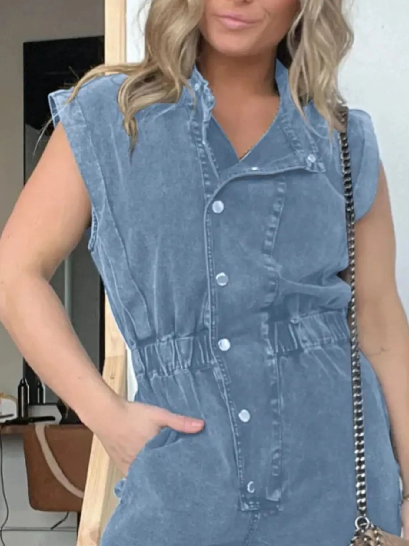 Full Size Button Front Cap Sleeve Denim Jumpsuit Plus Size
