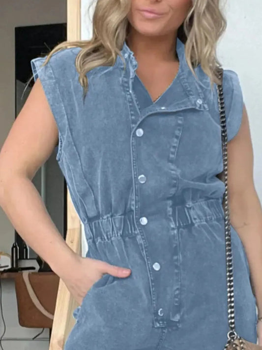 Full Size Button Front Cap Sleeve Denim Jumpsuit Plus Size