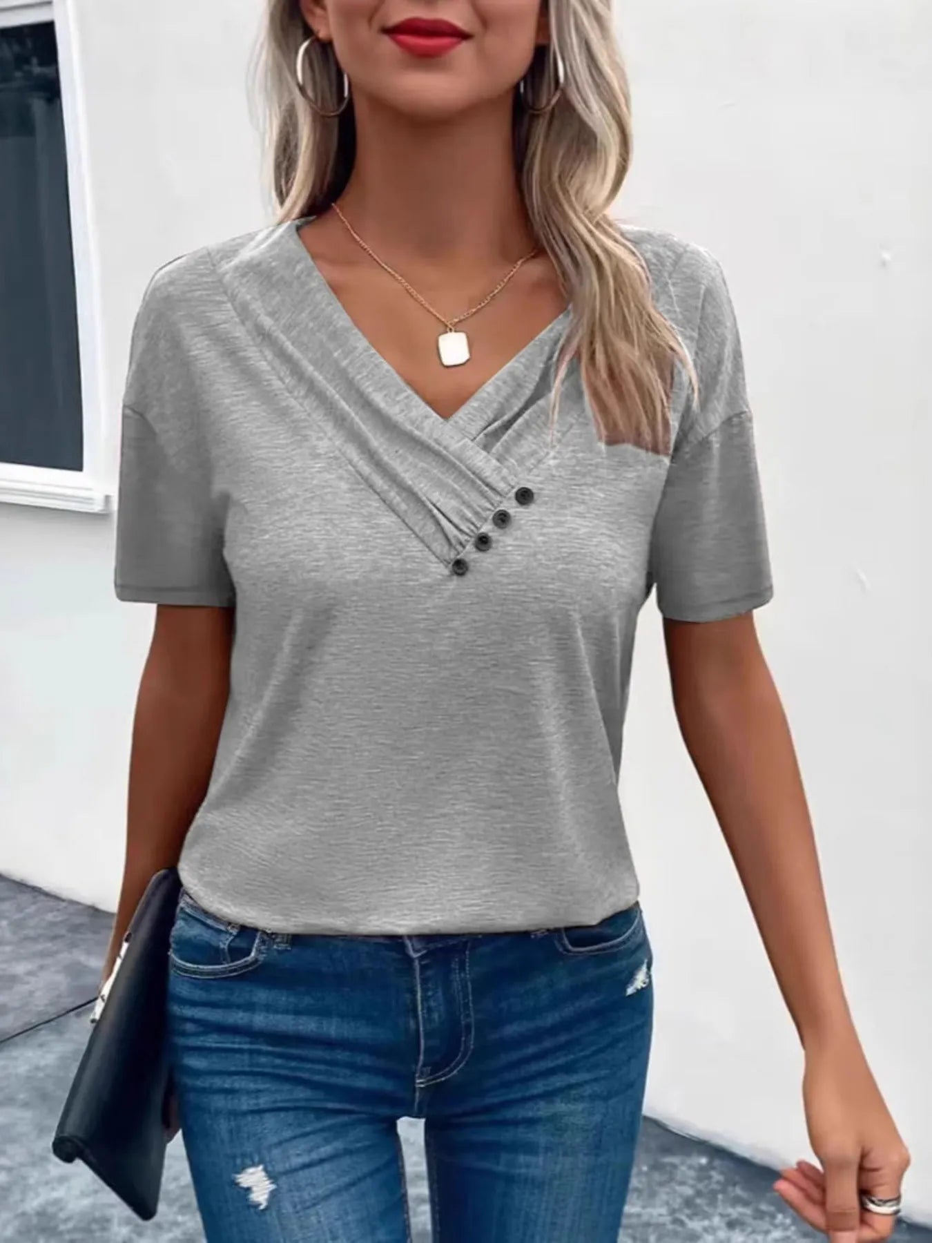 Short Sleeve V-Neck Ruched T-Shirt