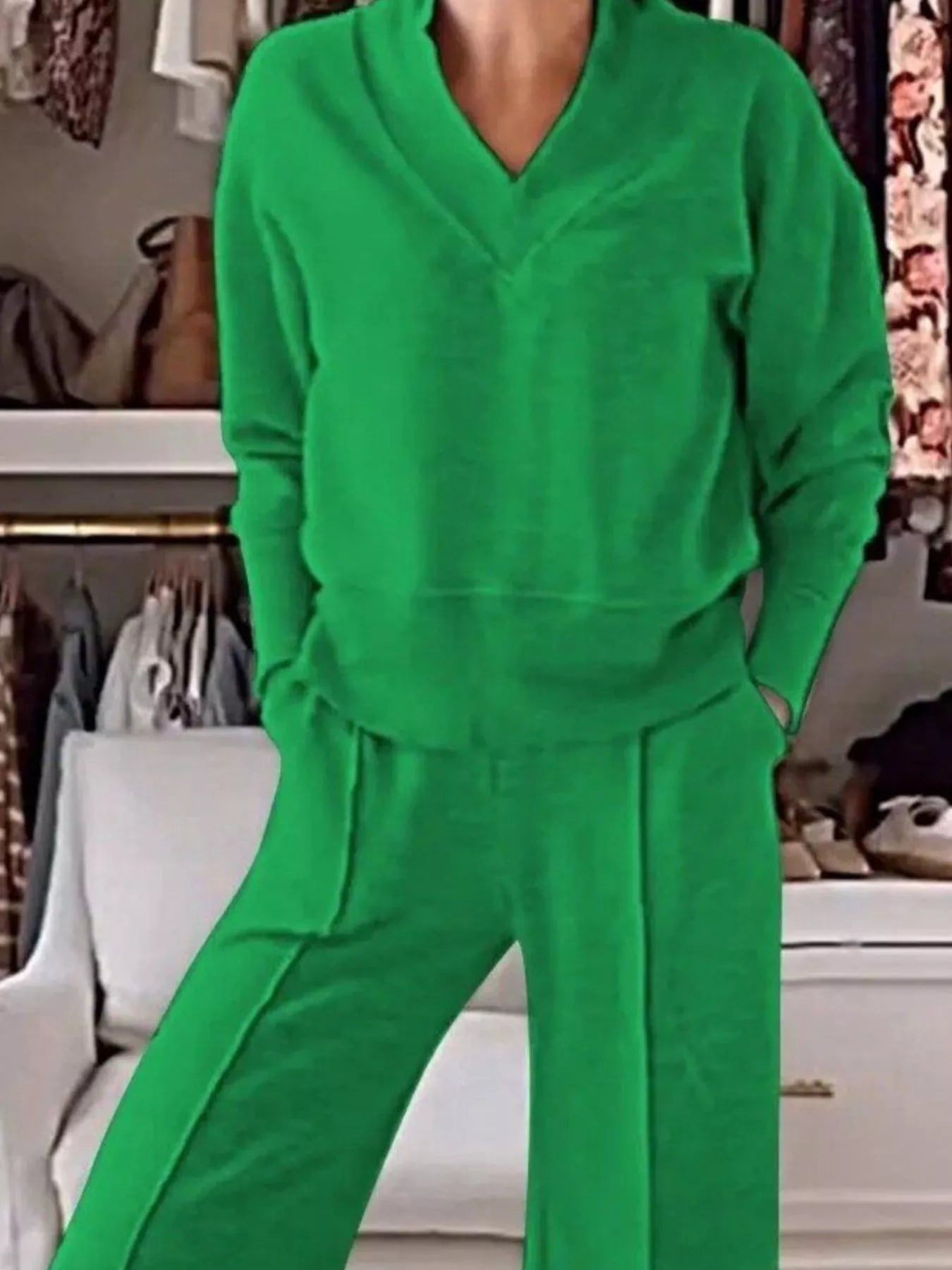 Full Size Cozy V-Neck Top and Pants Set Plus Size