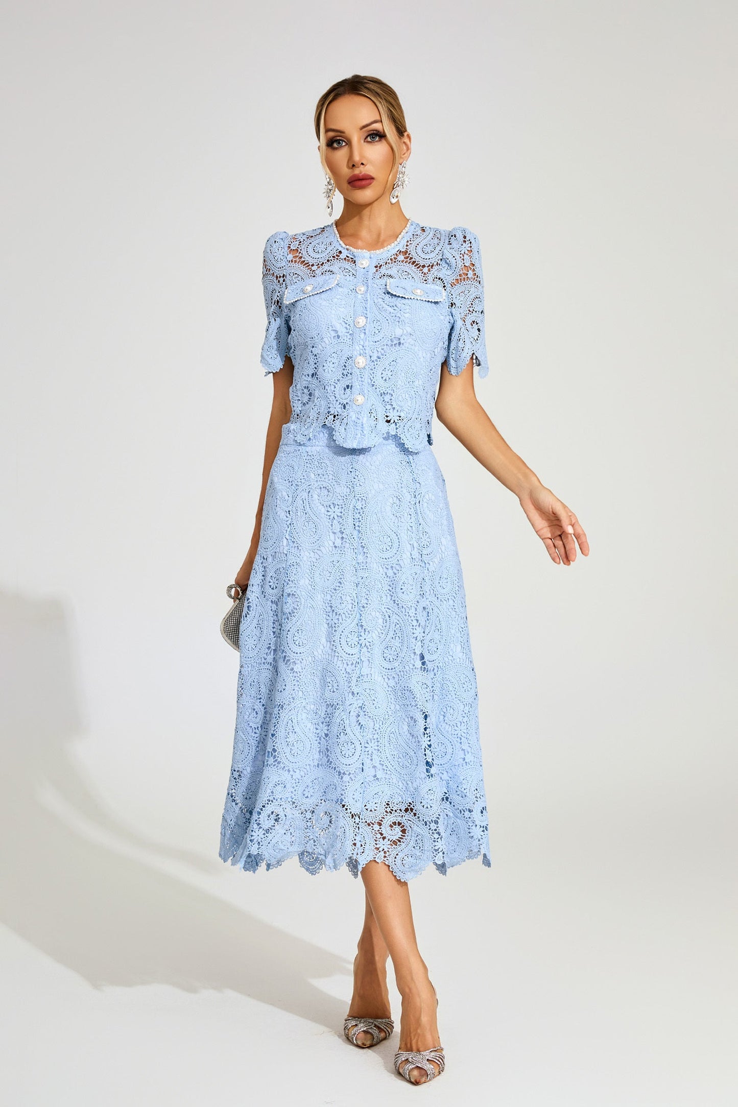 Amélie Sky Lace Midi Skirt & Top Set