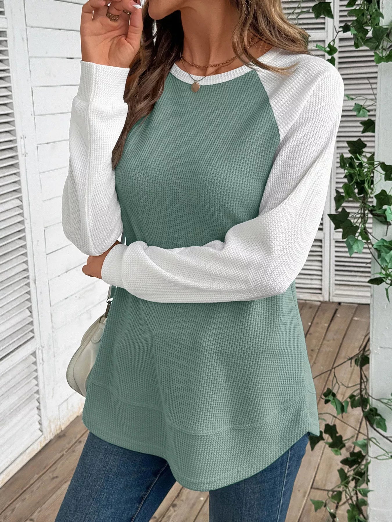 Contrast Raglan Sleeve Waffle Knit T-Shirt