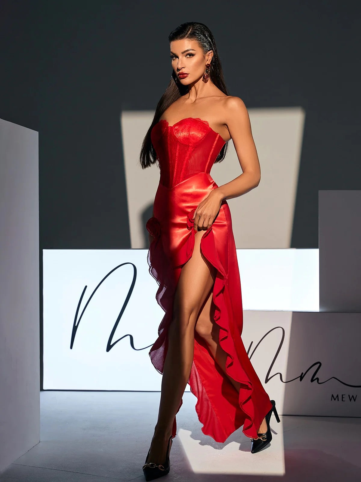 Red satin/lace corset style maxi dress