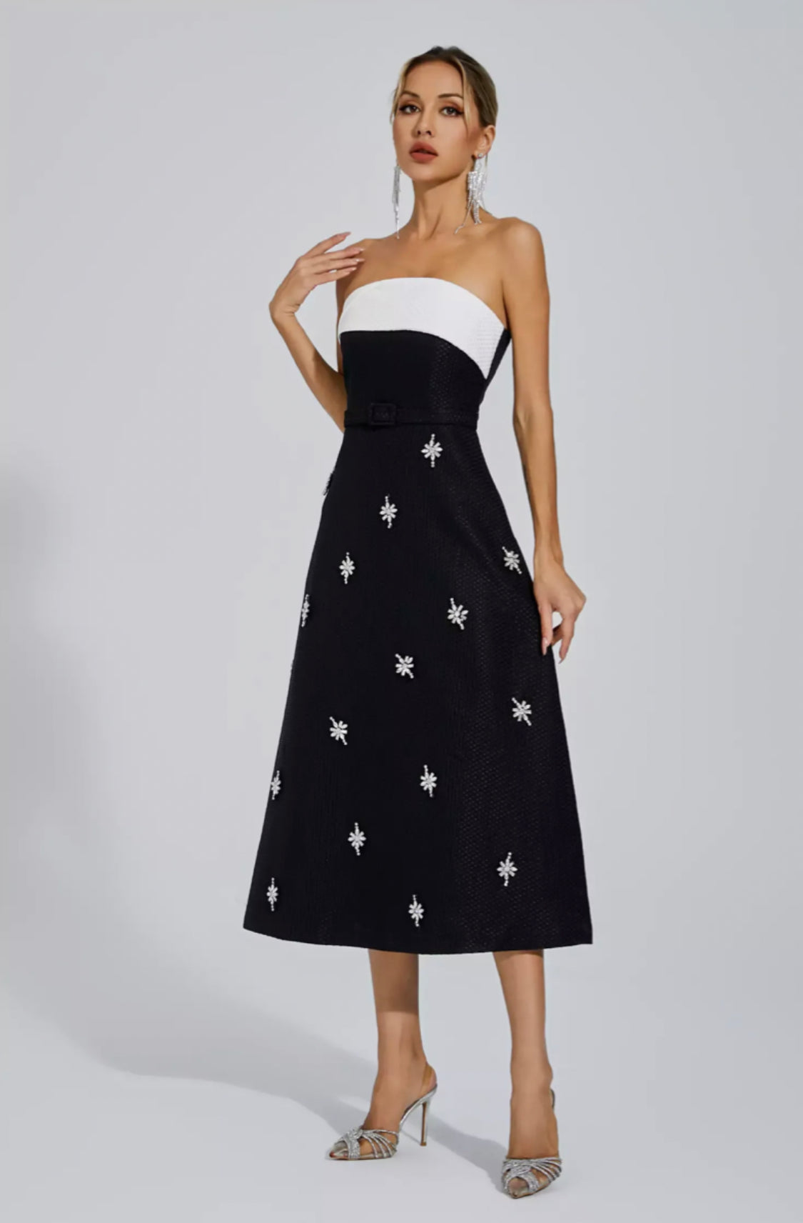 Emberlyn crystal tweed midi dress