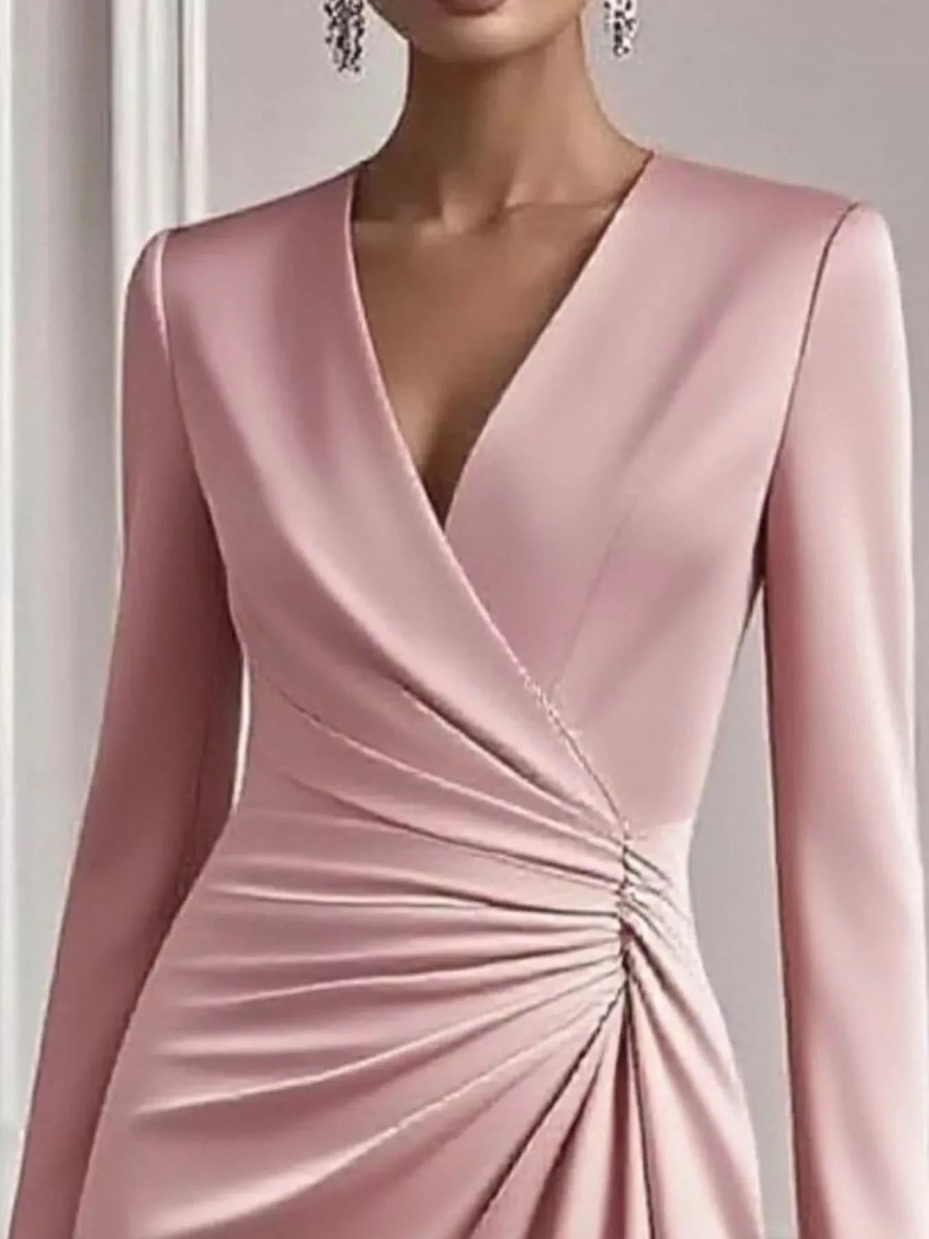 Front Ruched V-Neck Long Sleeve Dress
