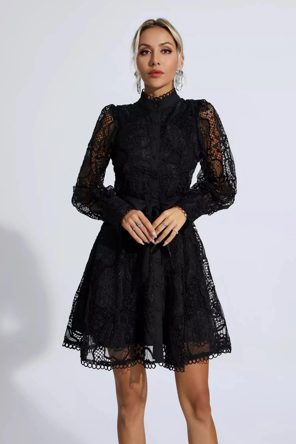 Floral lace tied black mini dress