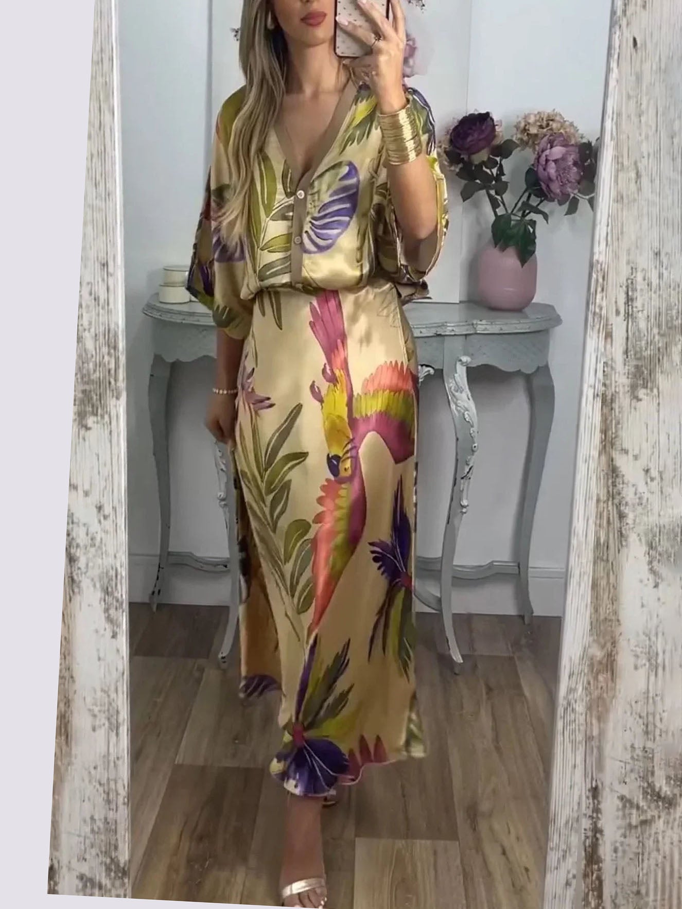 Retro Parrot And Palm Leaf Print Two-Piece Set Gold Set
