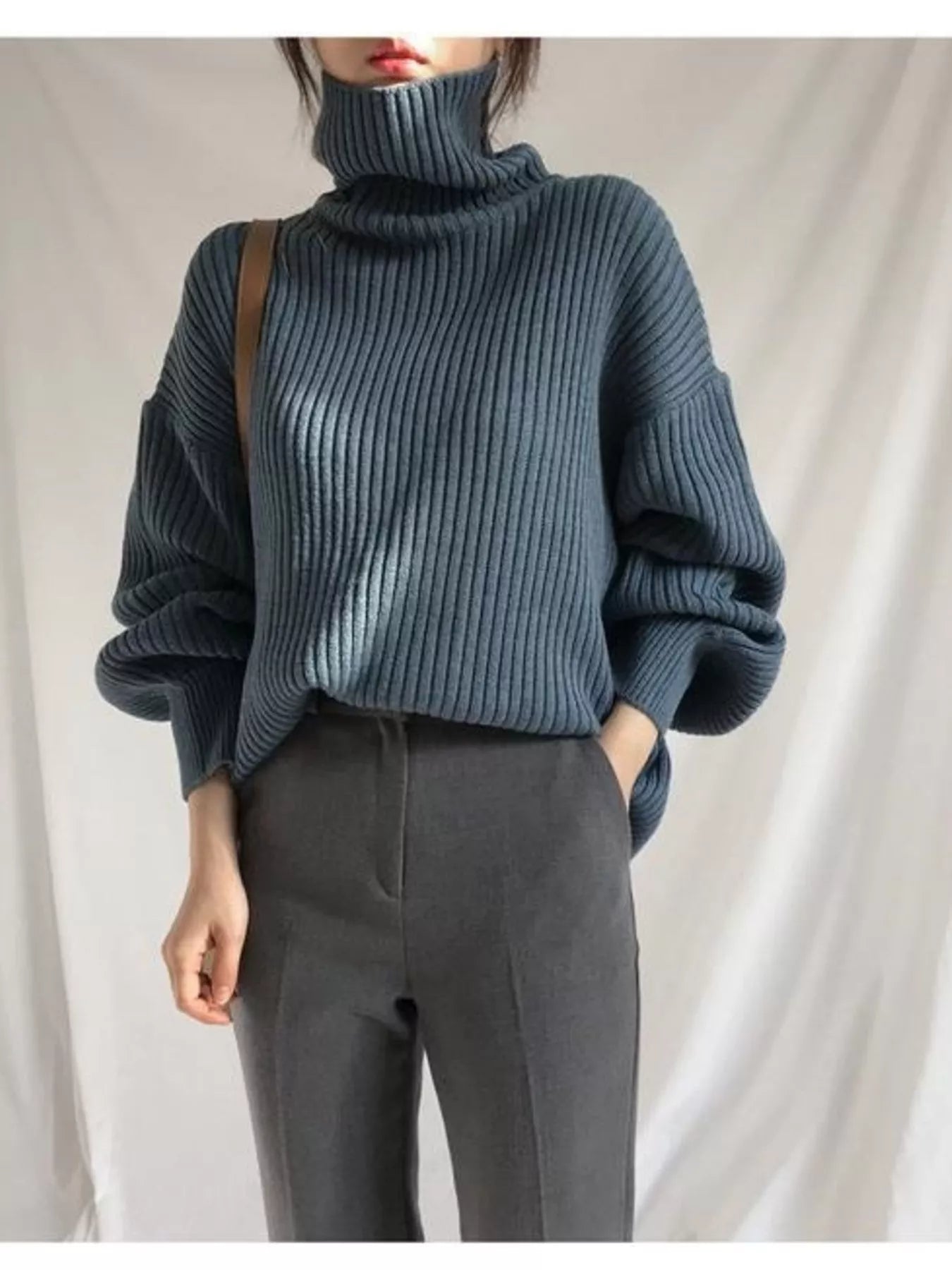 Full Size Oversized Turtleneck Ribbed Knit Sweater Plus Size