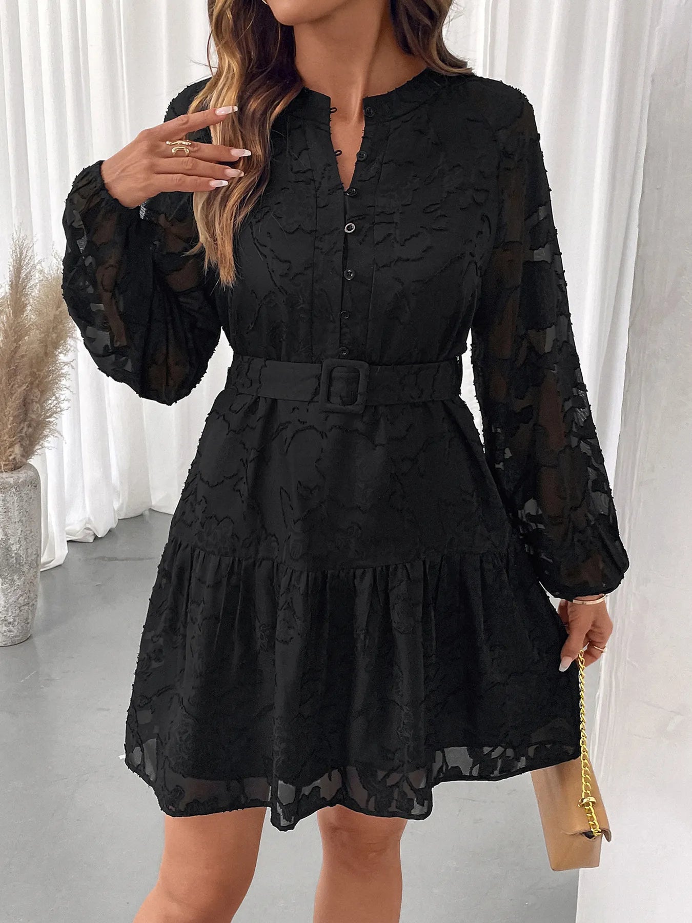 Button-Front Balloon Sleeve Mini Dress