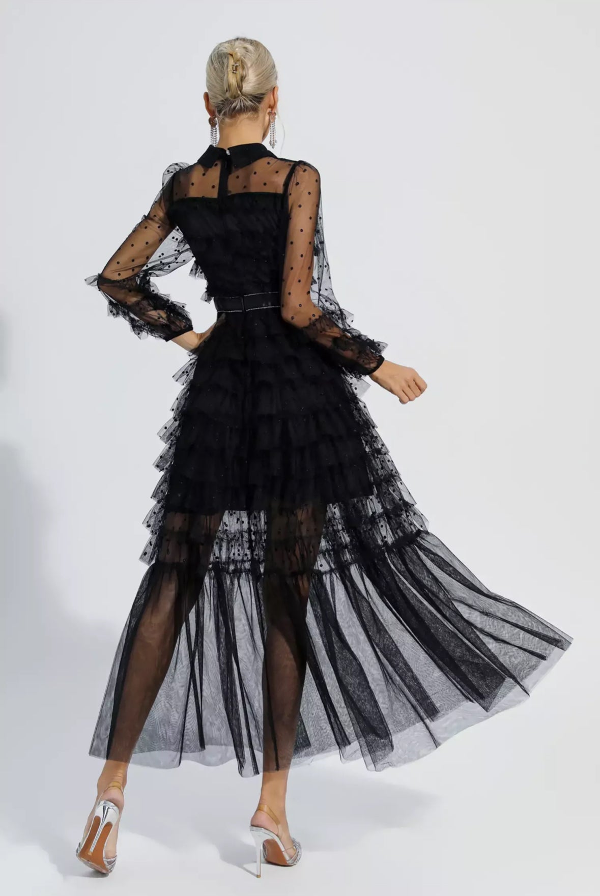 Black polka dot mesh maxi dress