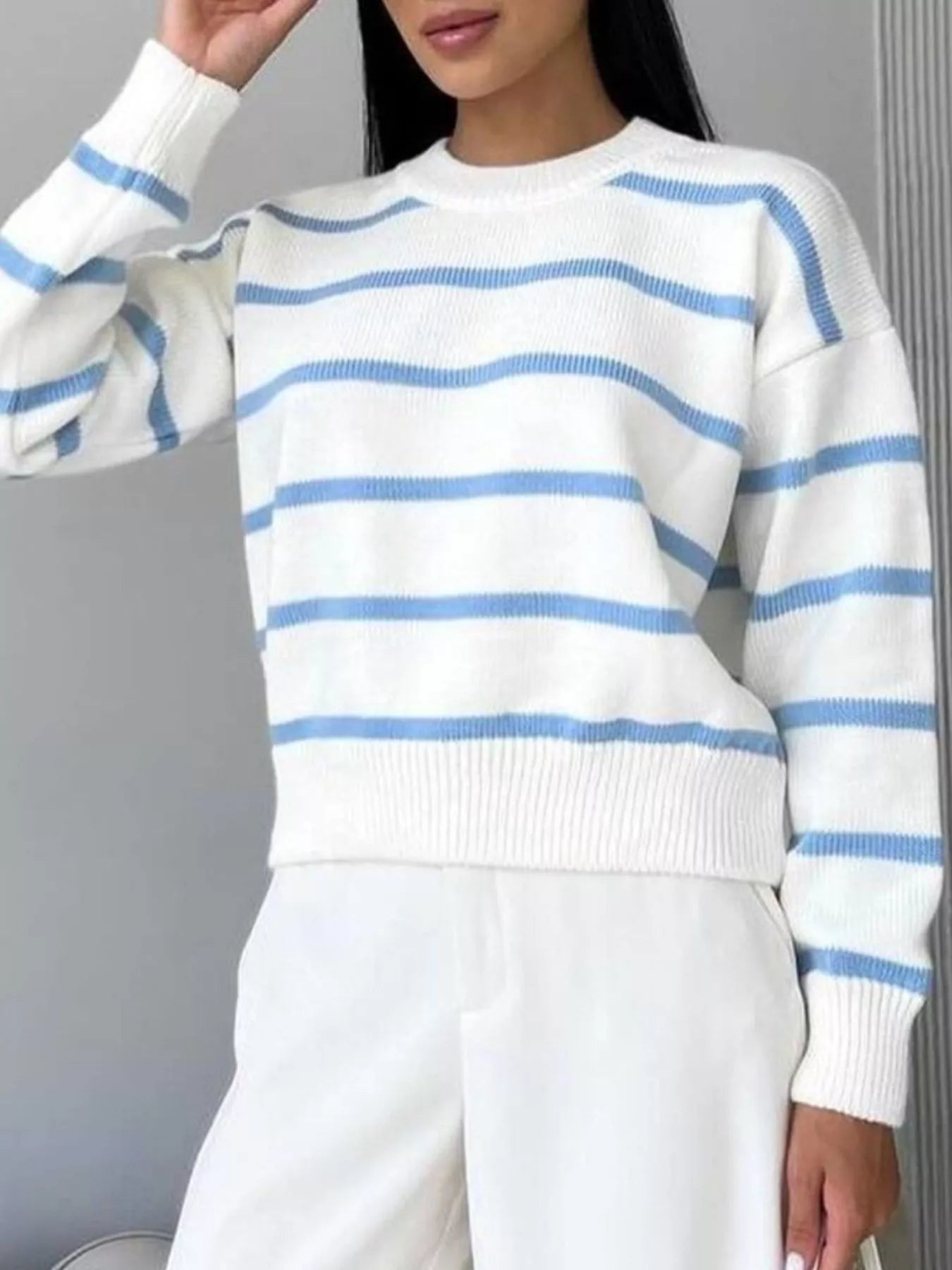 Striped Knit Round Neck Sweater