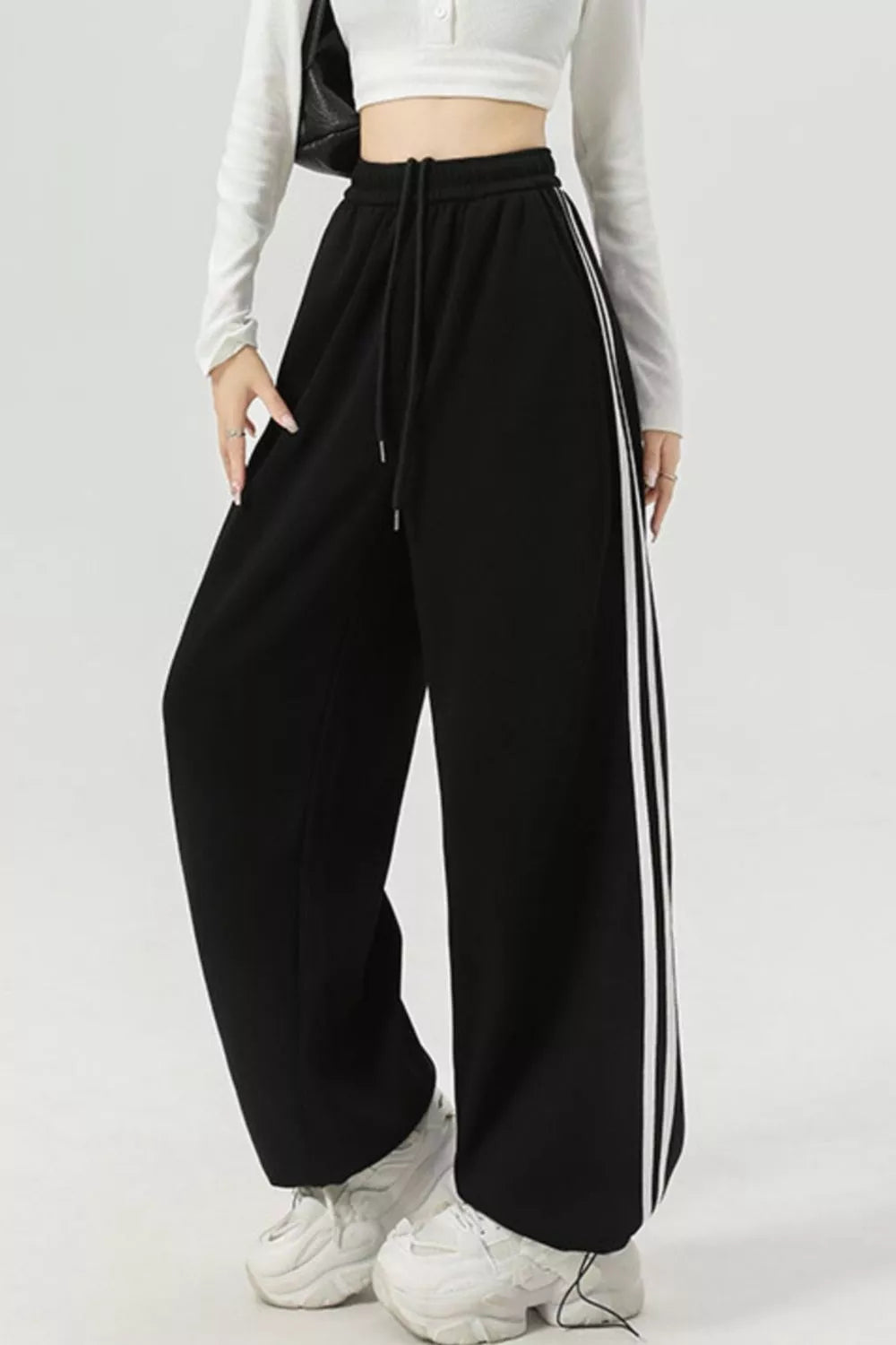 Wide Leg Side Striped Pants – Drawstring, Pocketed, Cotton-Blend Comfort