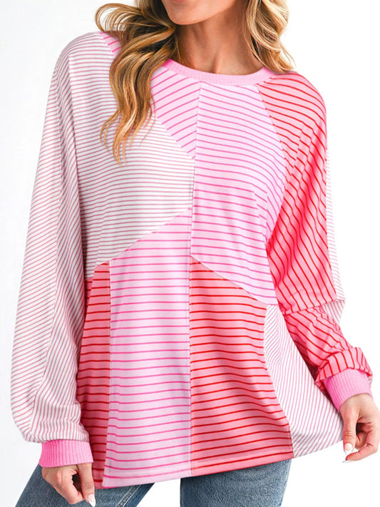 Striped Colorblock Exposed Seam Casual Long Sleeve Top