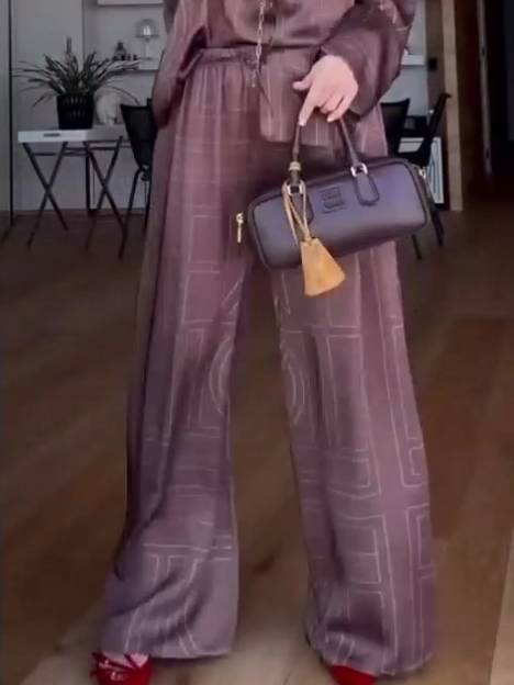 Geometric Letter Print Shirt Wide Leg Suit-Pants Brown