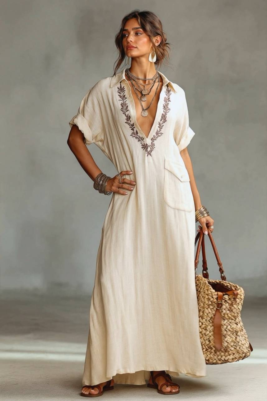 V-Neck Embroidered Maxi Dress