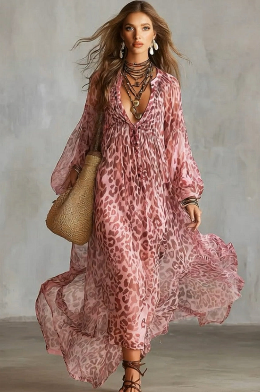 Leopard-Printed Puff-Sleeve Maxi Dress Pink