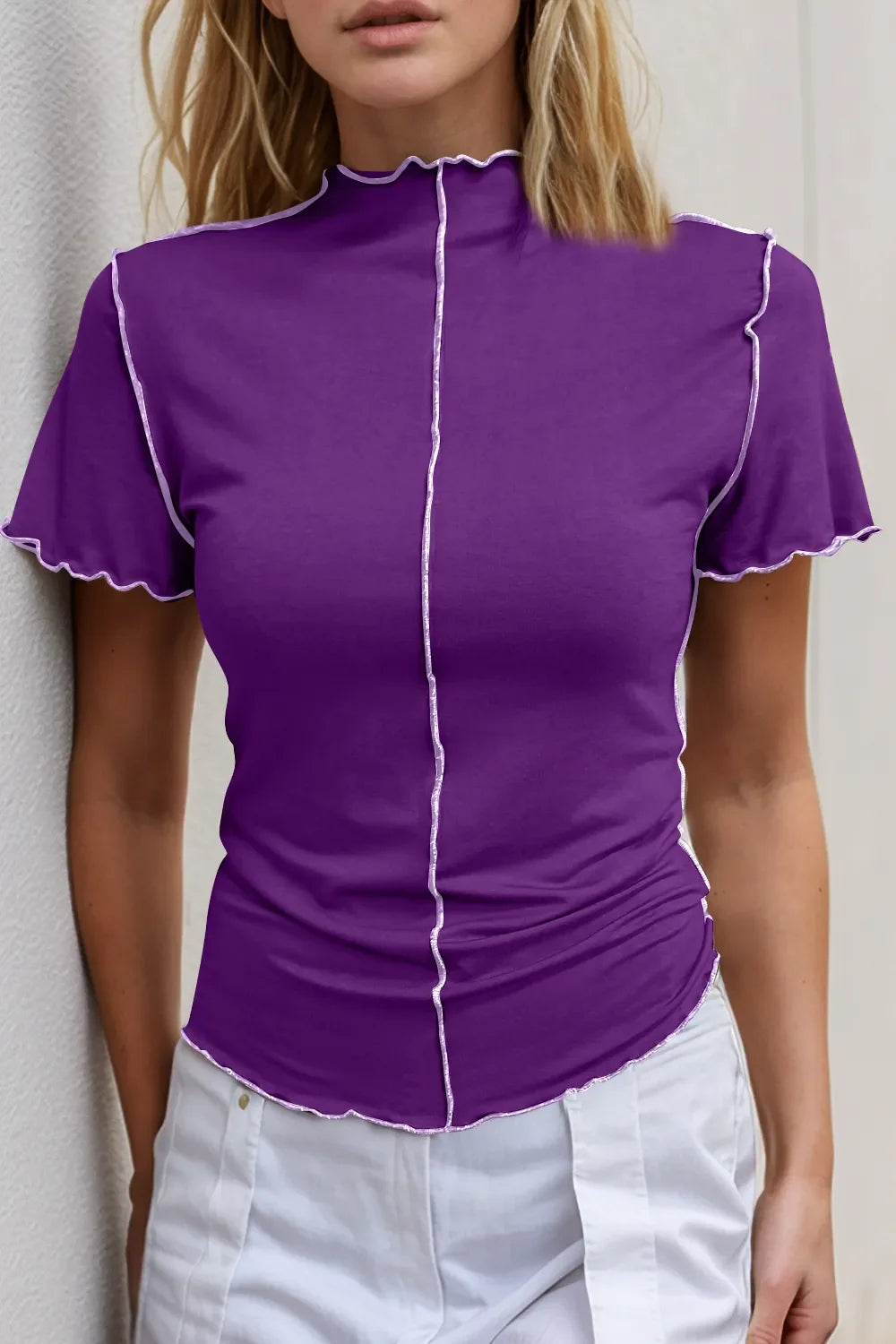 Basic Bae Mock Neck Wave Edge Contrast Stitching Ruffle Short Sleeve Tee Purple