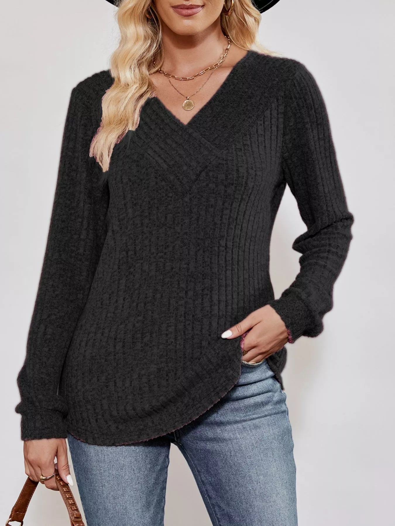 Ribbed Knit V-Neck Long Sleeve T-Shirt