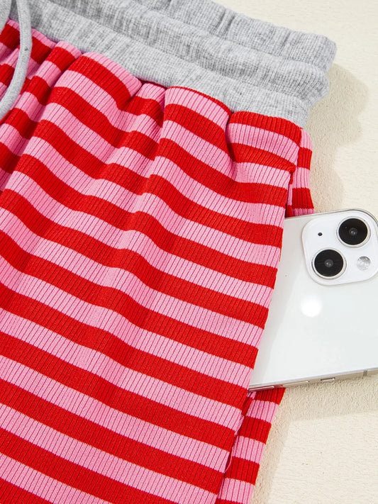 Women's Strawberry Stripe Drop Shoulder Baggy Top & Shorts Set – Casual Lounge Two Piece Outfit