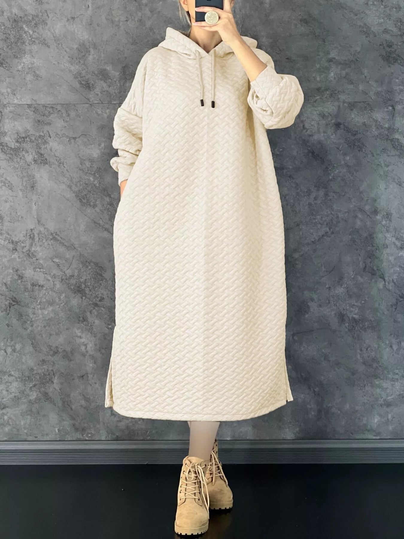 Textured Knit Hoodie Dress with Side Slit