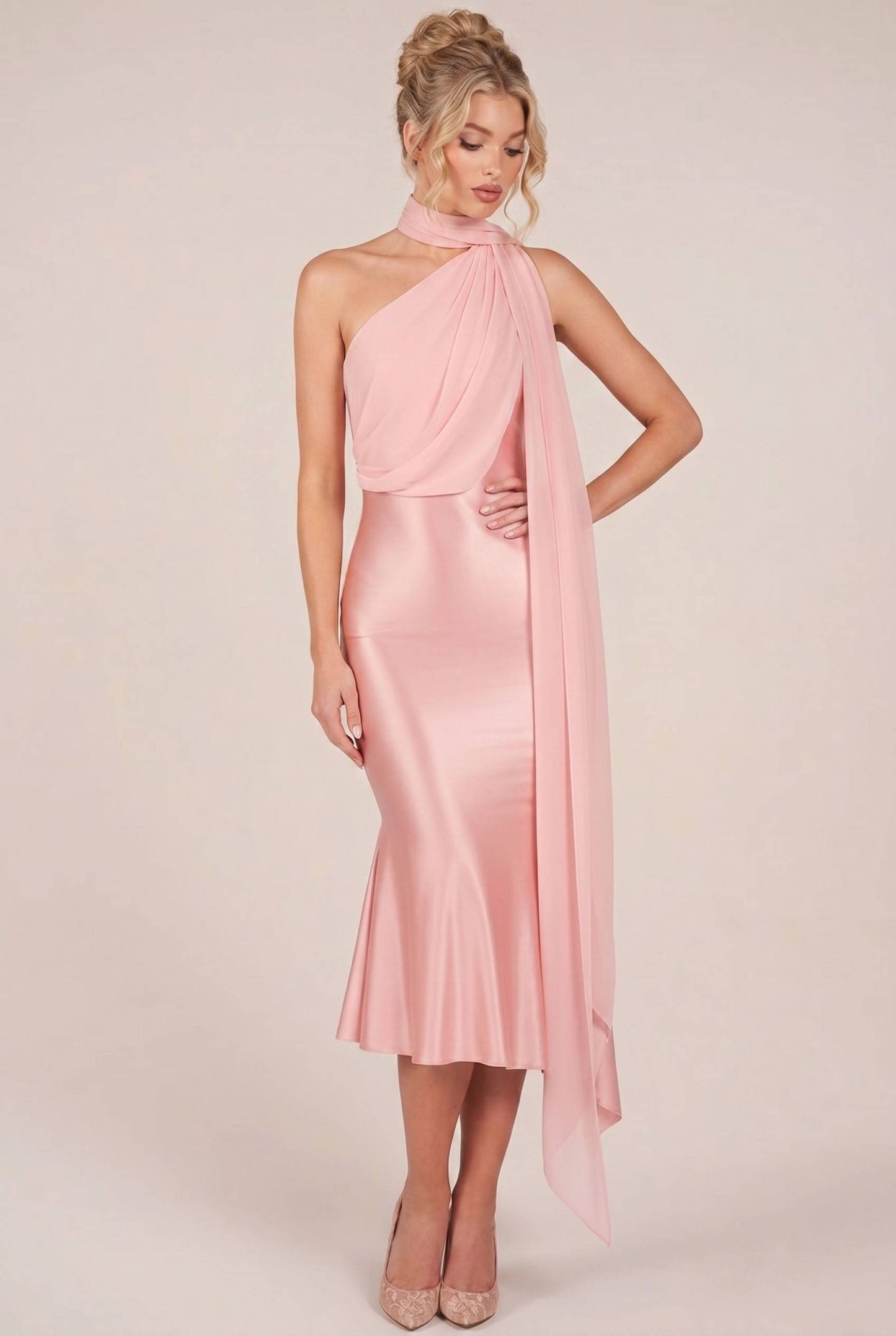 Oblique Collar Ribbon Midi Dress
