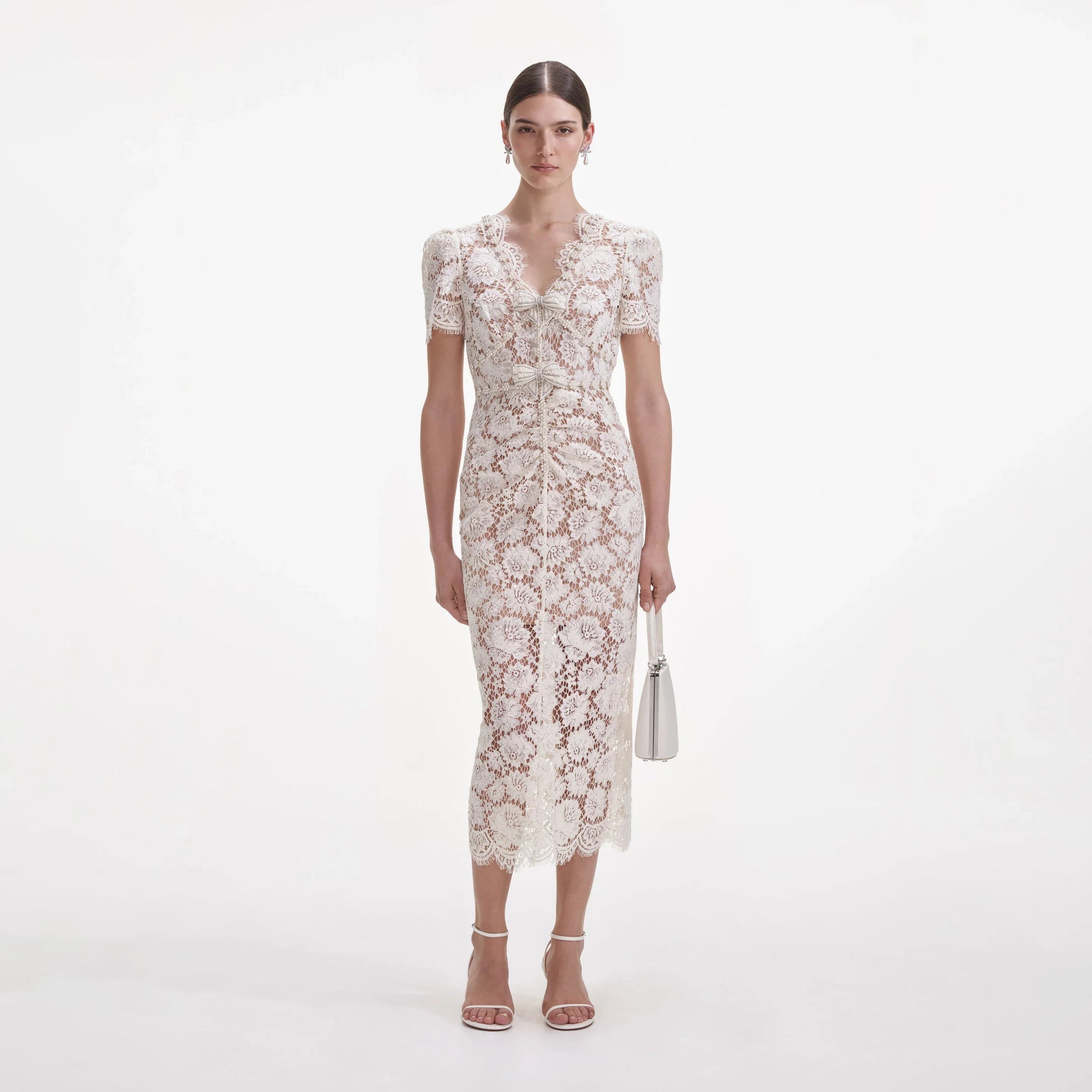 Celeste Ruched Lace Midi Dress