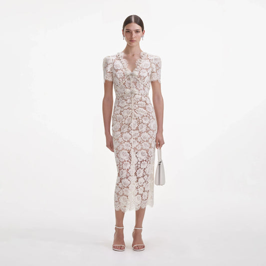 Celeste Ruched Lace Midi Dress