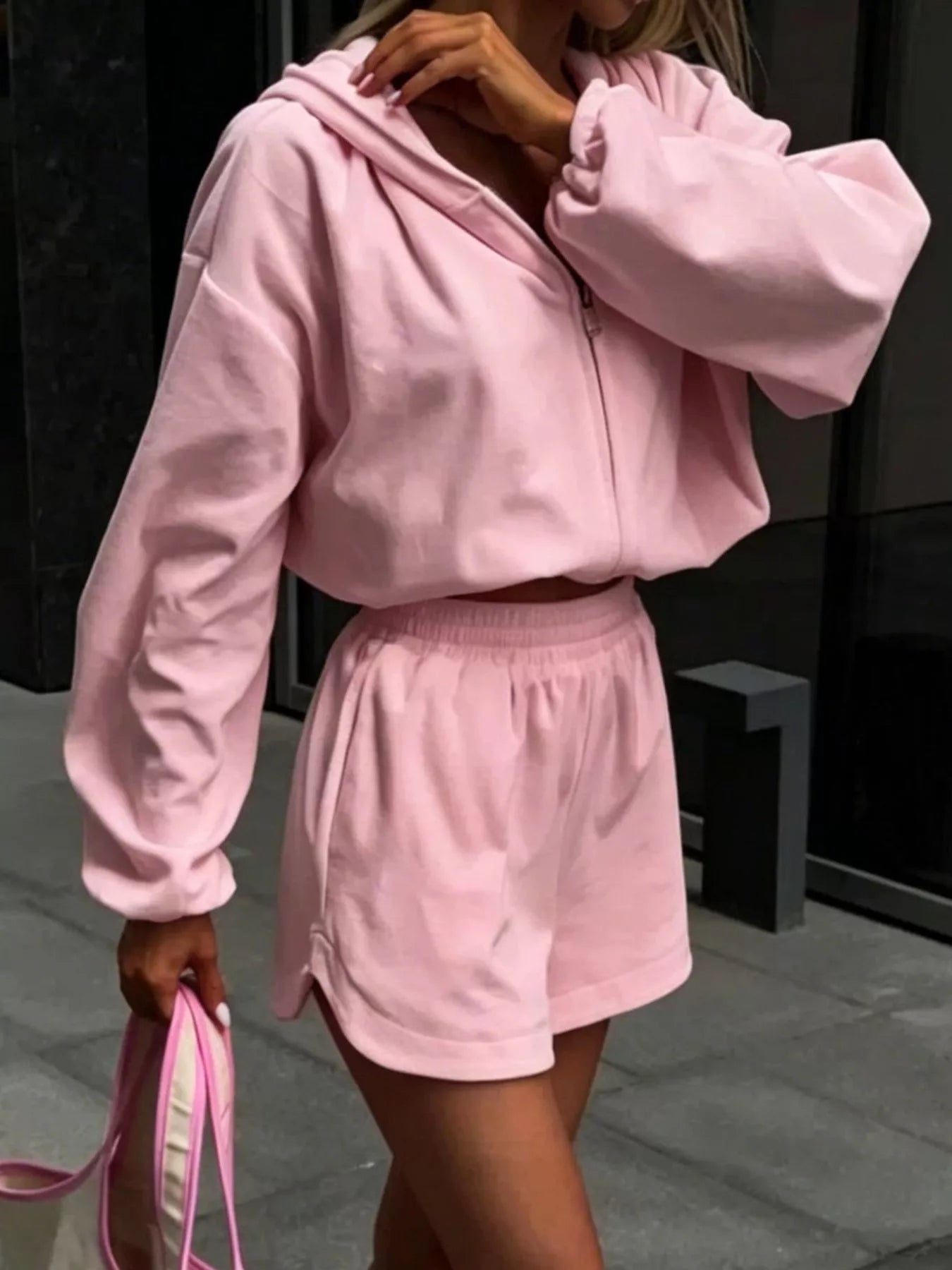 Long Sleeve Zip-Up Hoodie and Shorts Set
