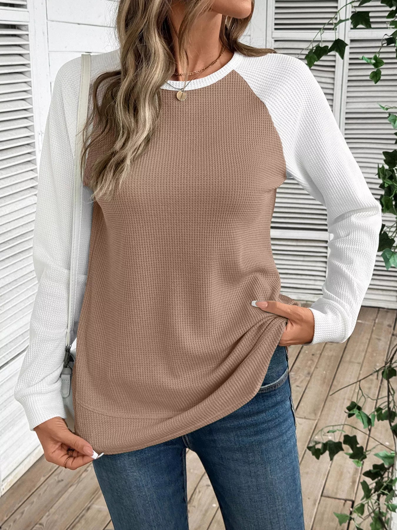 Contrast Raglan Sleeve Waffle Knit T-Shirt