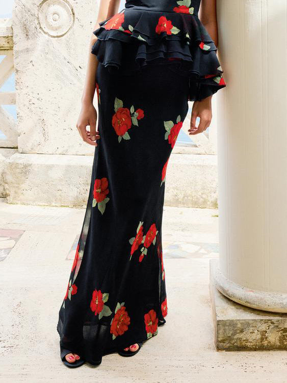 Romantic Floral Print Long Skirt Black