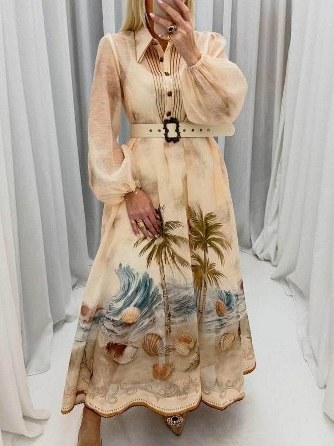 Exquisite Ocean Shell Print Shirt Maxi Dress Beige