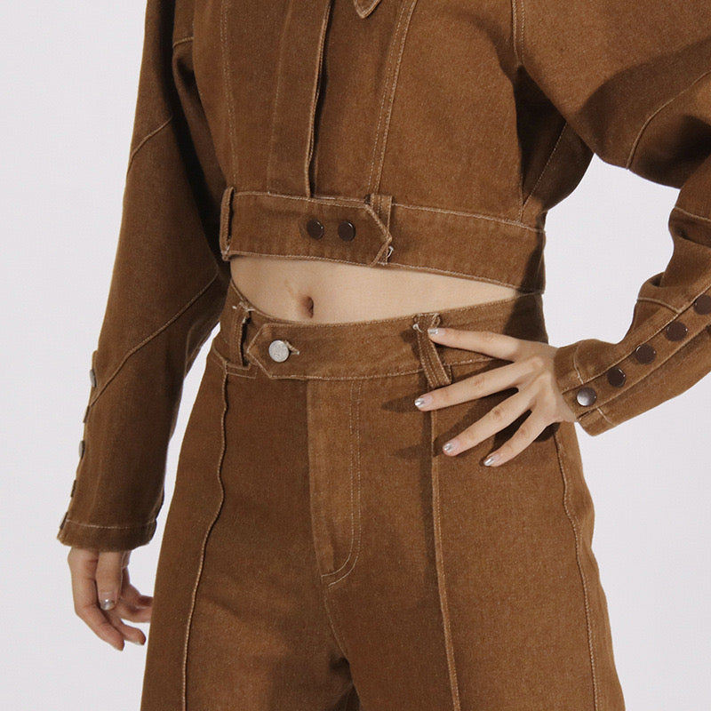 Brown denim side button set
