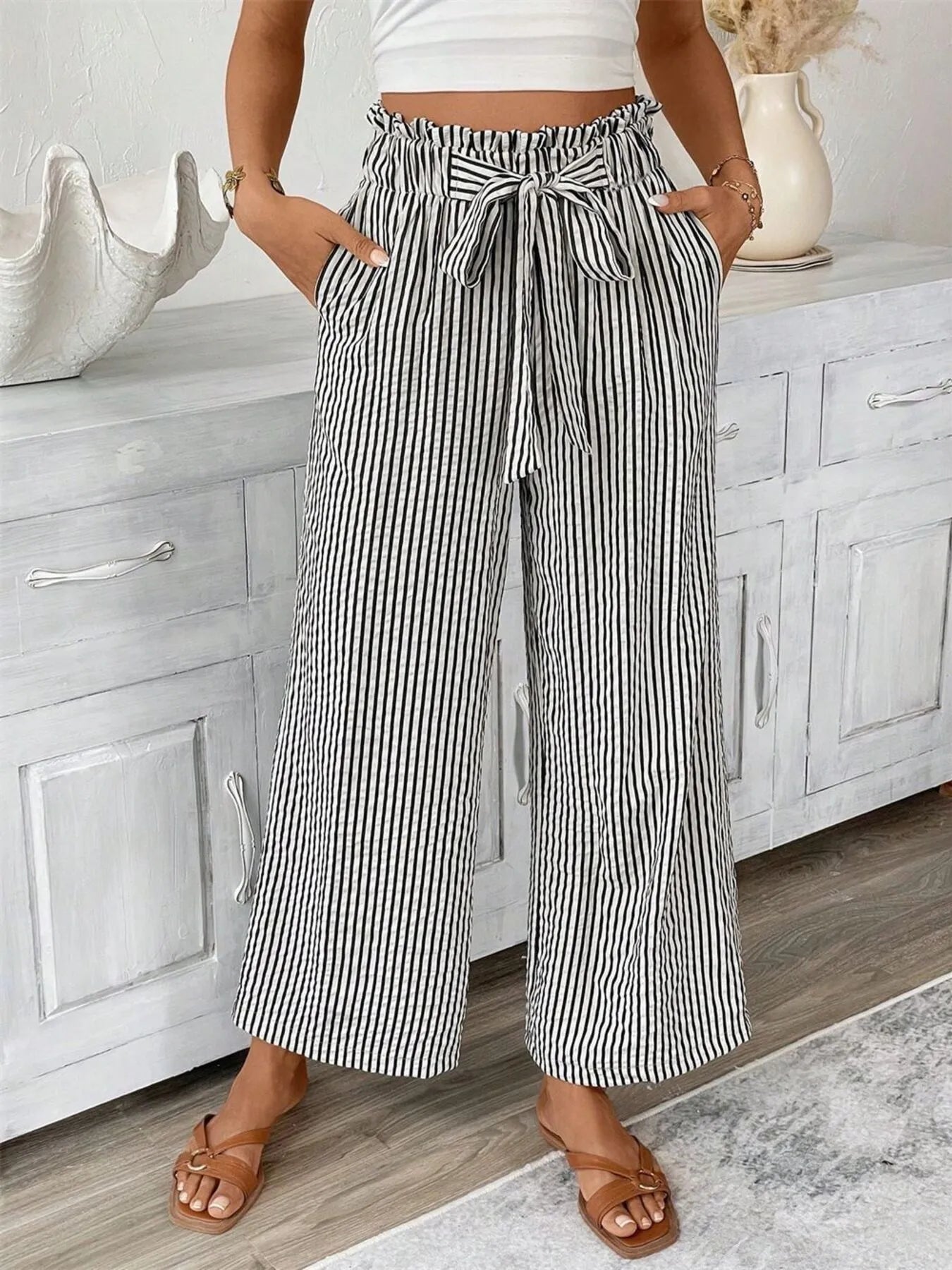 Signature Striped Paper Bag Pants (Full Size)