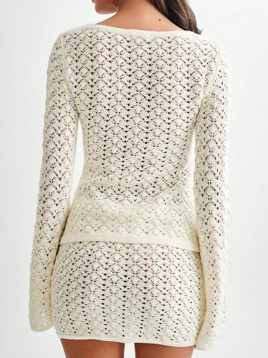 Button Up Crochet Cardigan and Skirt Sweater Set