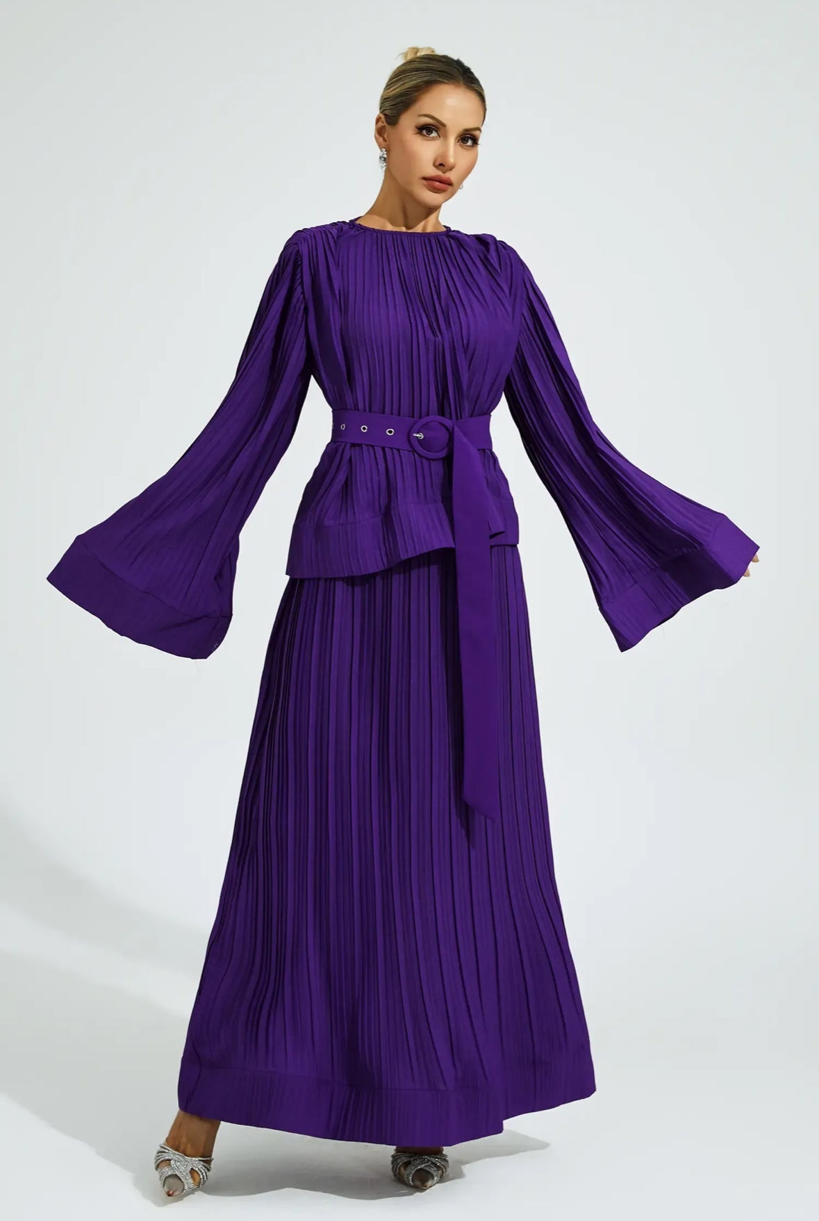 Purple belted flare skirt & top set