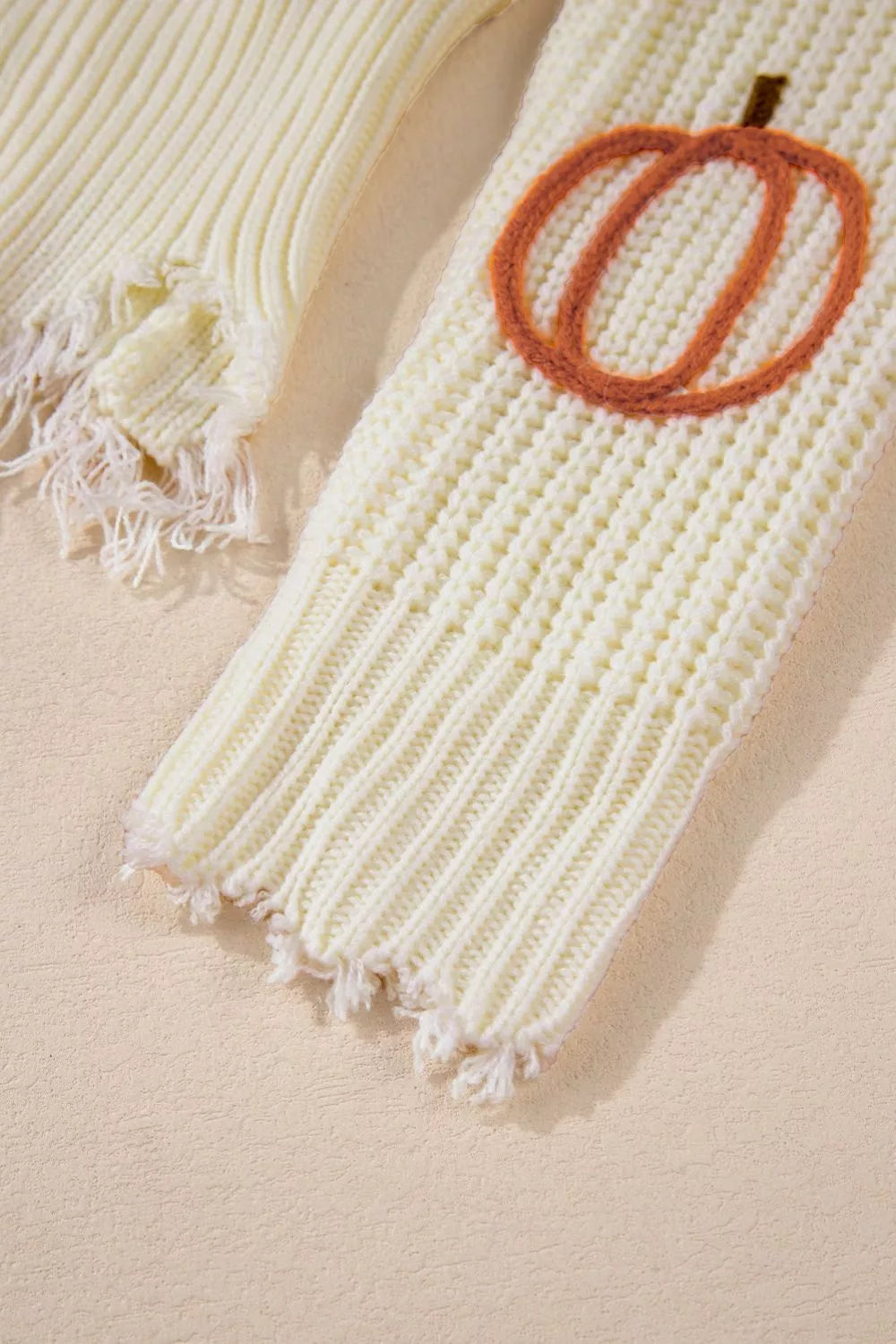 Cable Knit Pumpkin Raw Hem V Neck Loose Sweater