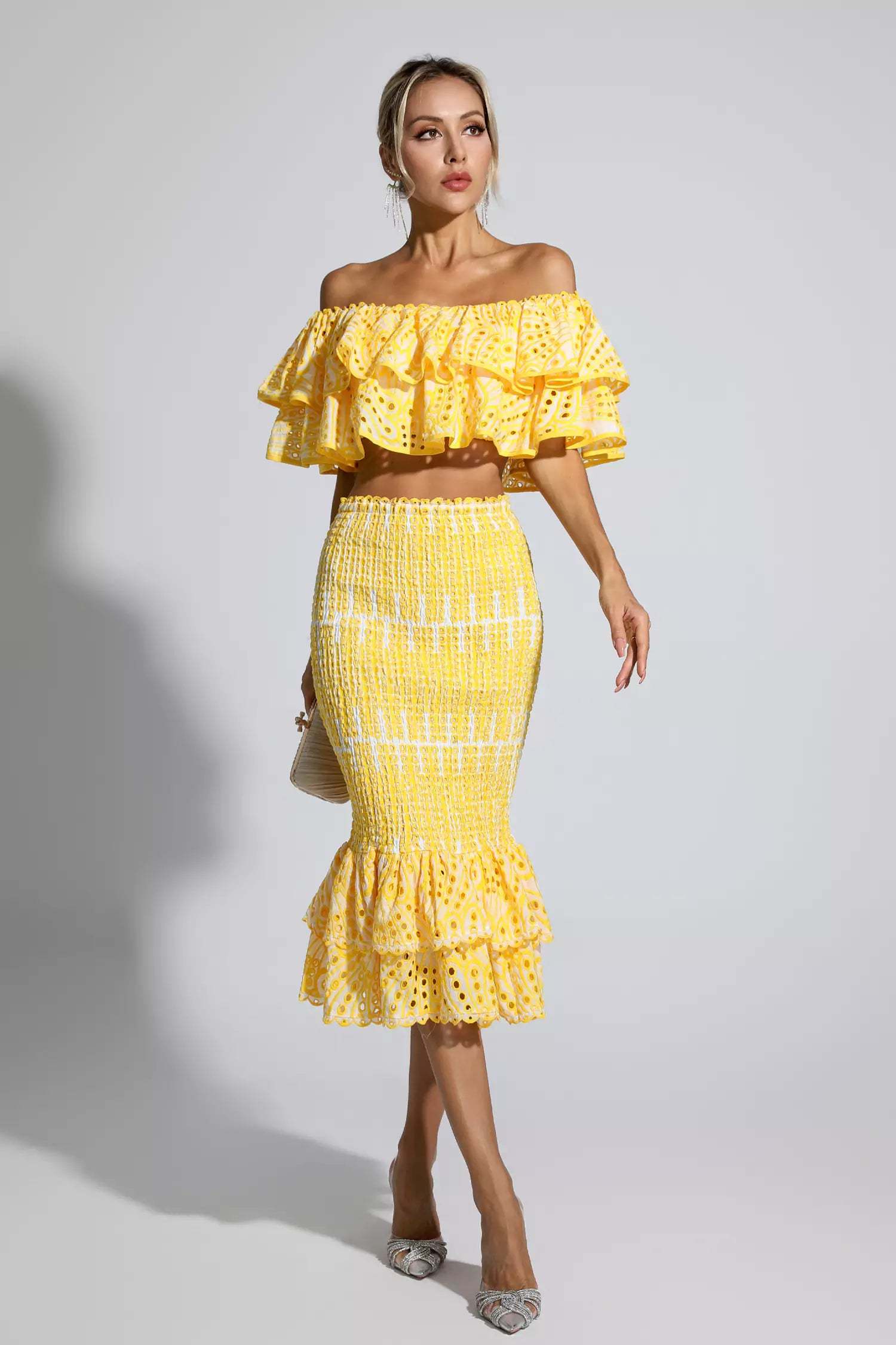 Winnie off shoulder ruffle skirt set-Yellow