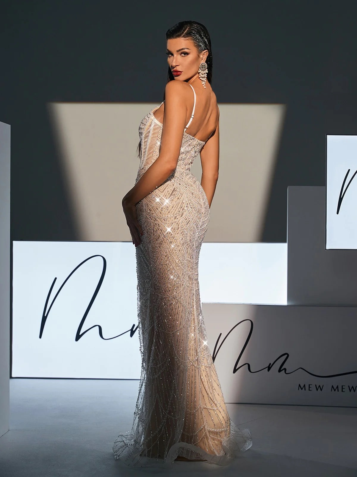 Pearl embellish sequin maxi dress