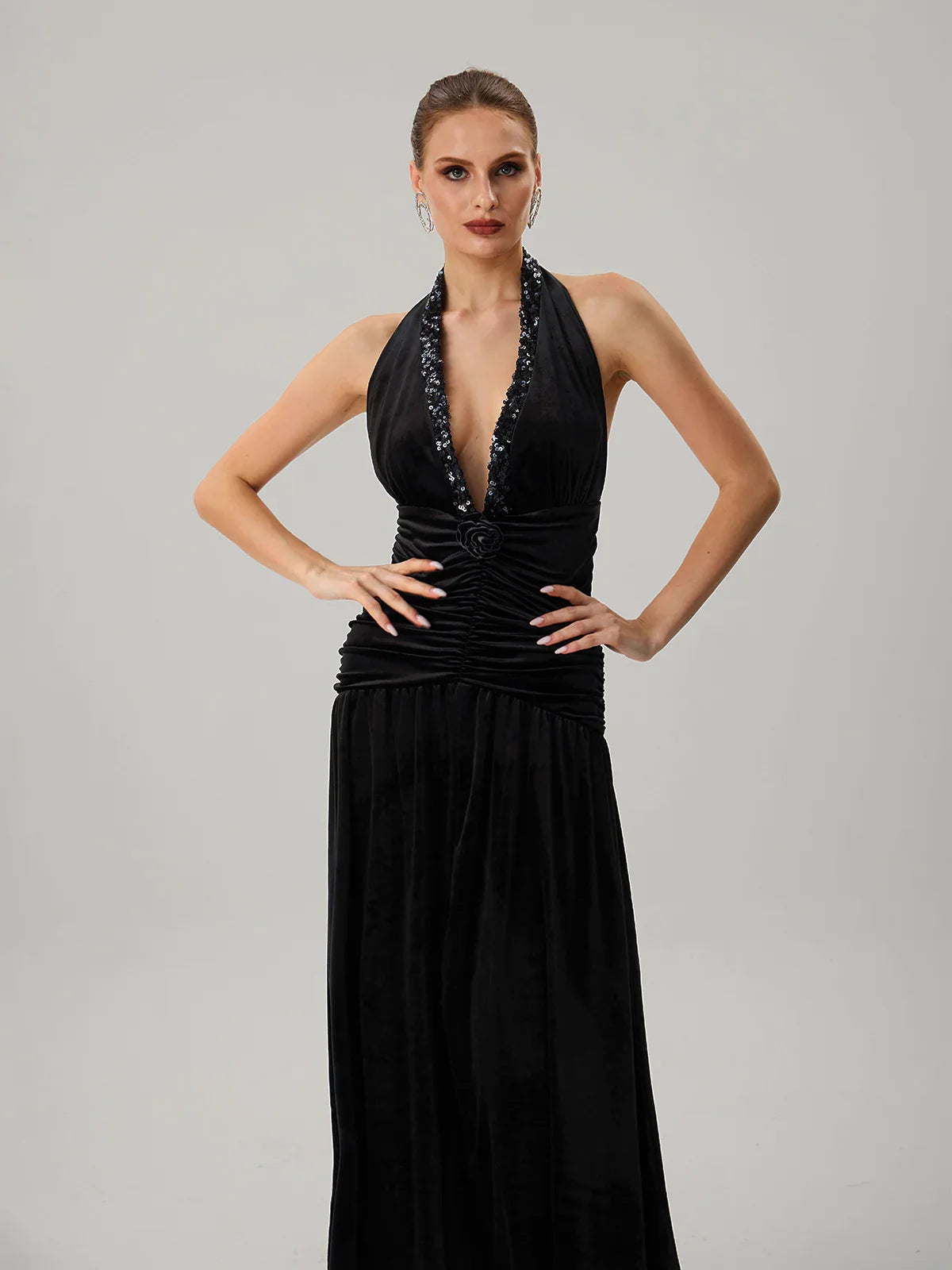 Black Halter Ruched Maxi Dress